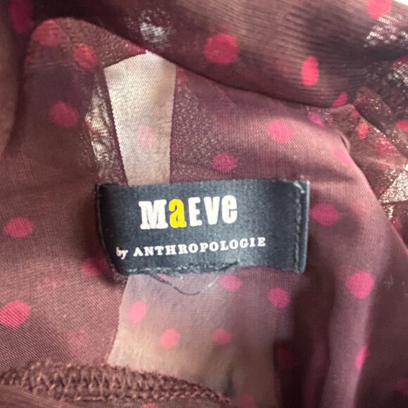 Maeve Anthropologie Womens Chiffon Polka Dot Long Sleeve Sheer Ruched Top Maroon - Picture 3 of 6